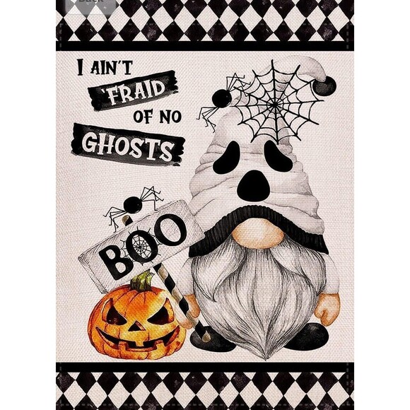 Gnome Halloween Ghost Spider Boo Garden Flag Double Sided 12.5 × 18 Inch - Picture 1 of 6